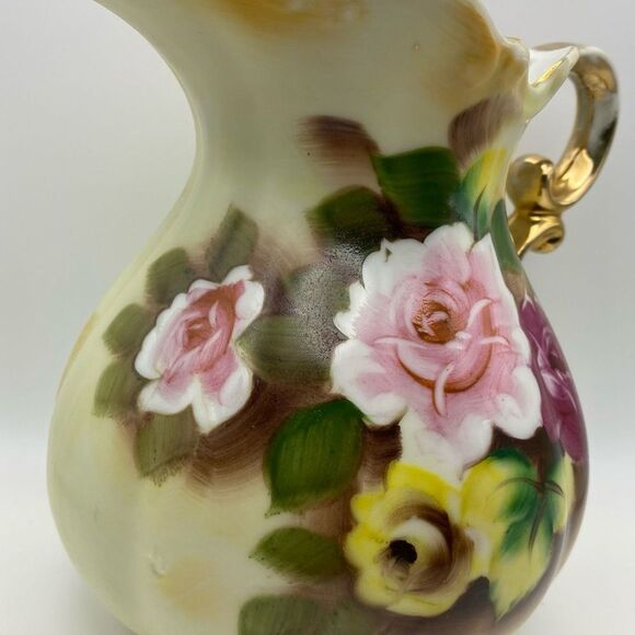 Vintage Porcelain Rose‑Pattern Pitcher with Gold Accents – Approx 6″x6.5 - Picture 3 of 8
